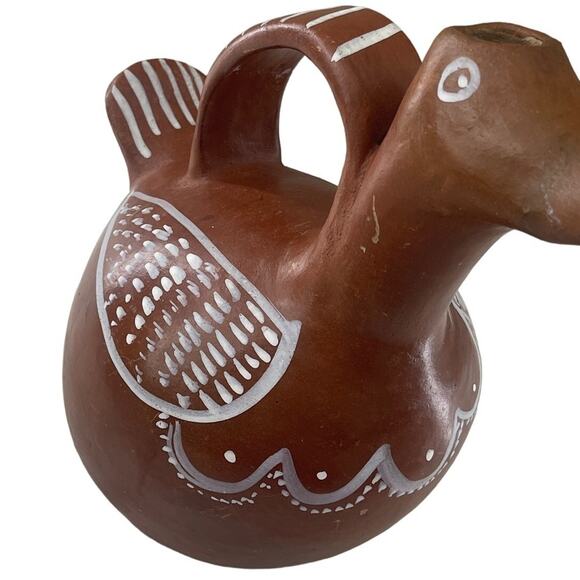 Vintage Folk Art Terracotta Duck Pitcher Hand Painted White Accent 12" Tall Rare - Picture 8 of 12